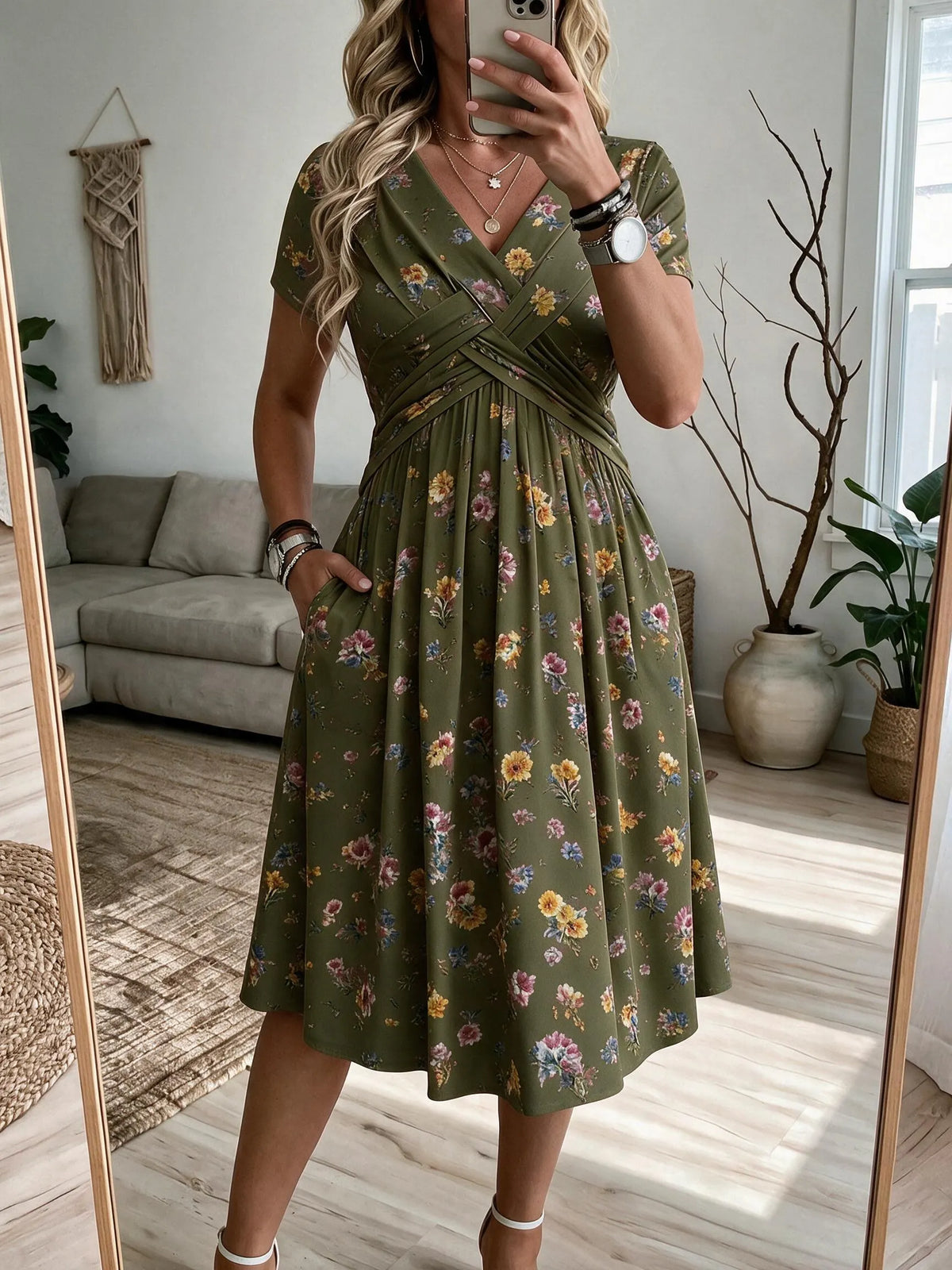 Women's V-Neck Floral Print Dress with Twist Waist