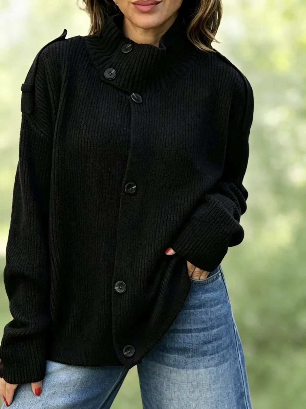 Stand Collar Button‐Down Shoulder Detail Knit Cardigan