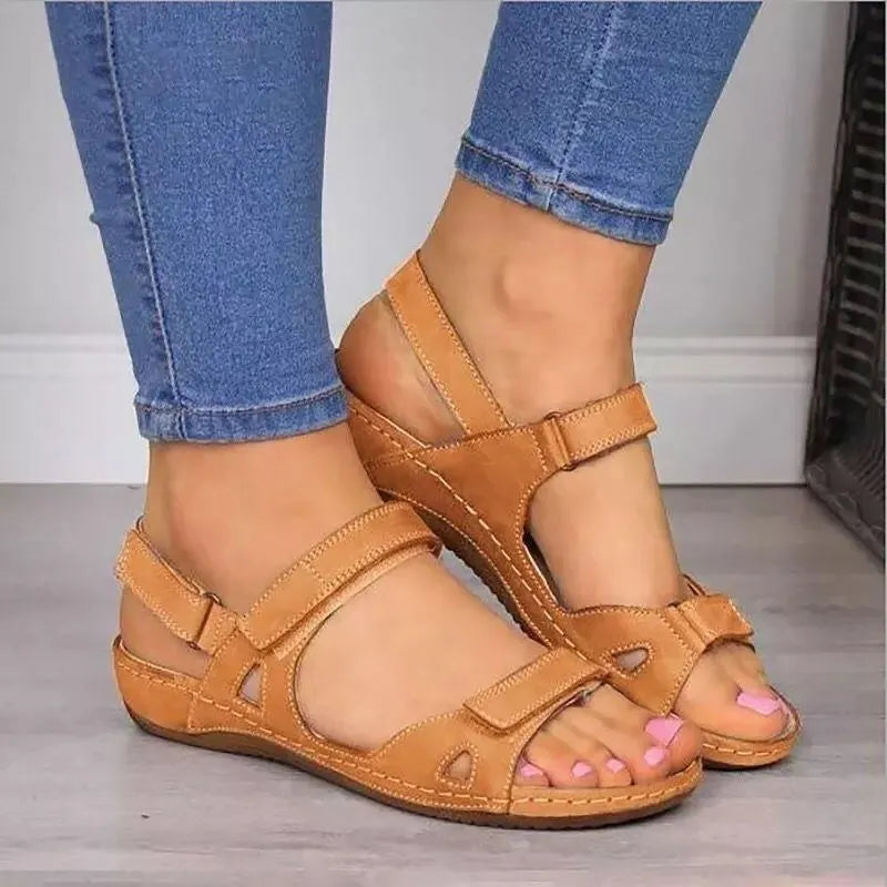 Fashion Breathable and Comfortable Flat-soled Peep-toe Velcro Sandals