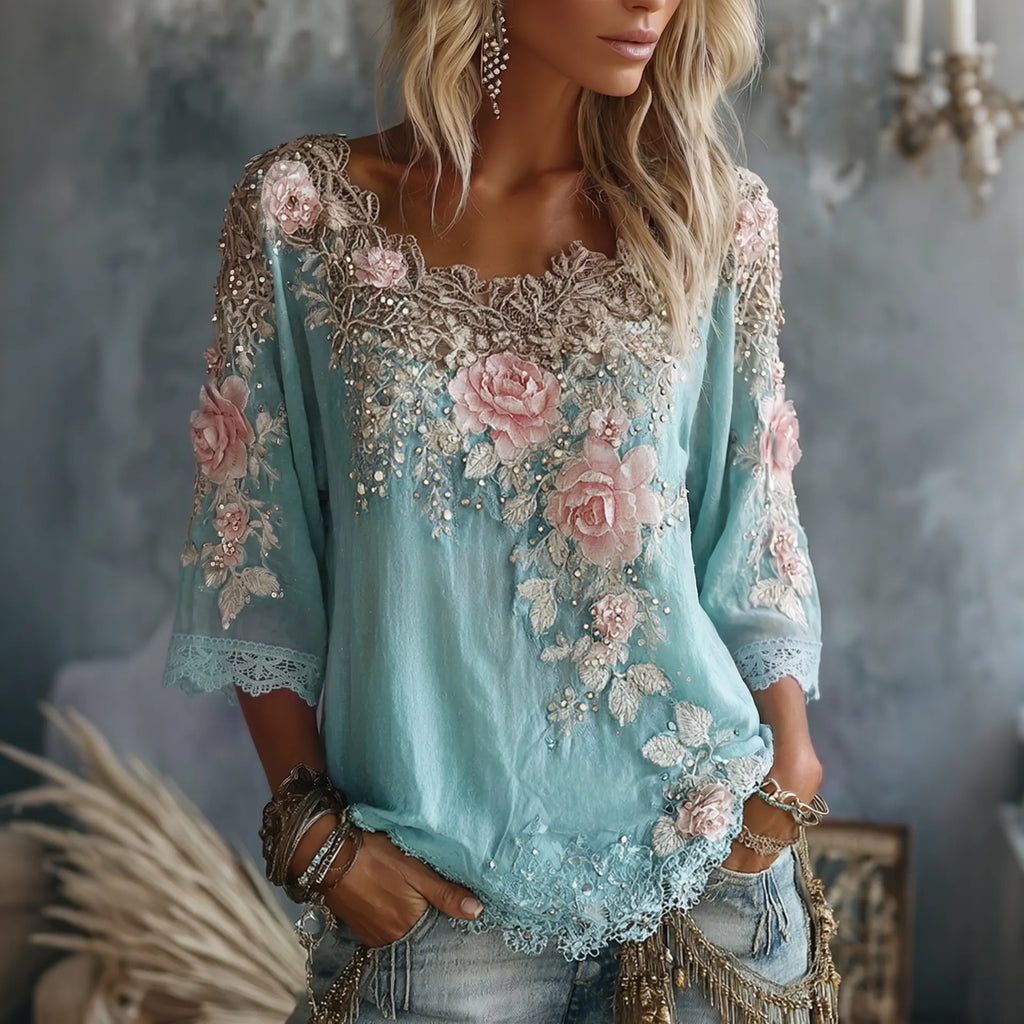 Women's Vintage Rose Flower Art V Neck Linen T-shirt