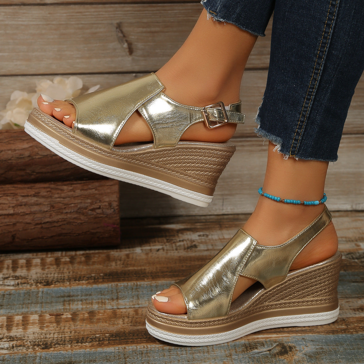 Fashion Hollow Fish Mouth Wedge Heel Thick-soled Sandals