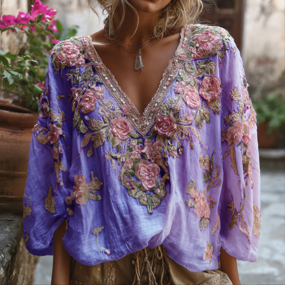 Bohemian Three-dimensional Pink Floral Sequin V-neck Long-sleeved Top