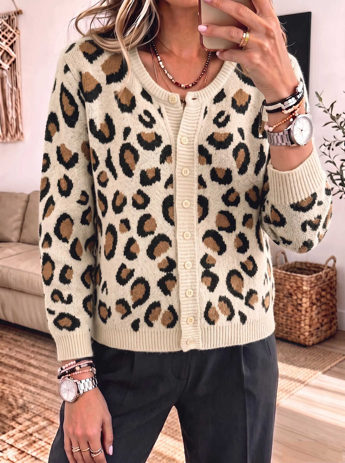 Leopard Print Round Neck Button‐front Long Sleeve Knit Cardigan
