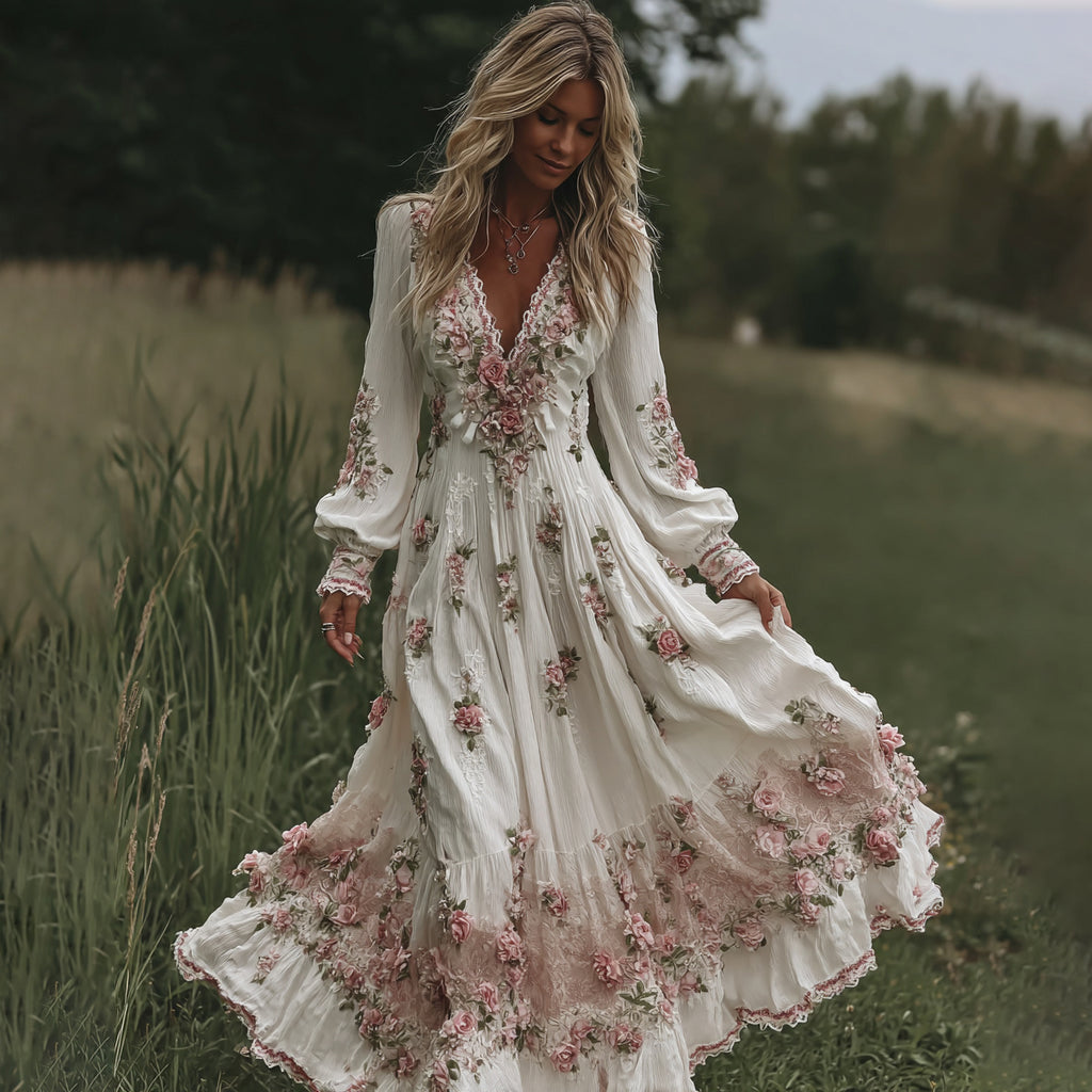 Women's Vintage Floral Art Linen Dress