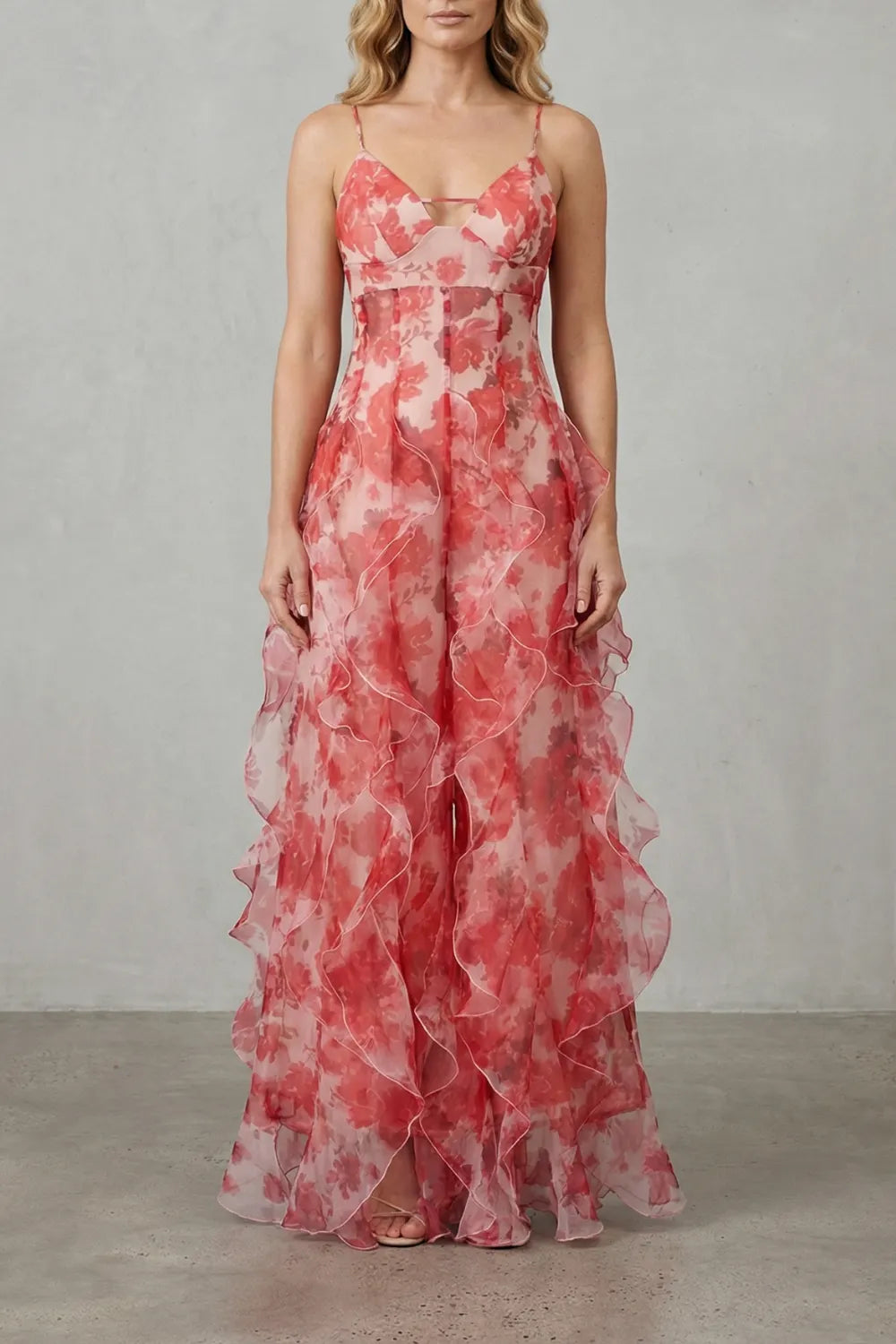Watercolour bloom flow – Ruffled chiffon maxi dress