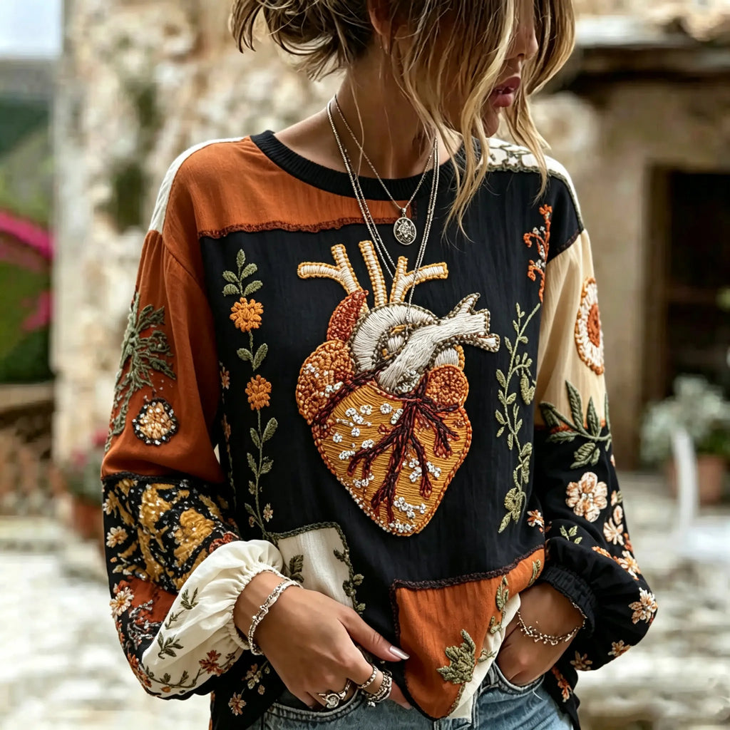 Women's Retro Halloween Heart Floral Embroidery Casual Cotton Linen Long-sleeve T-shirt