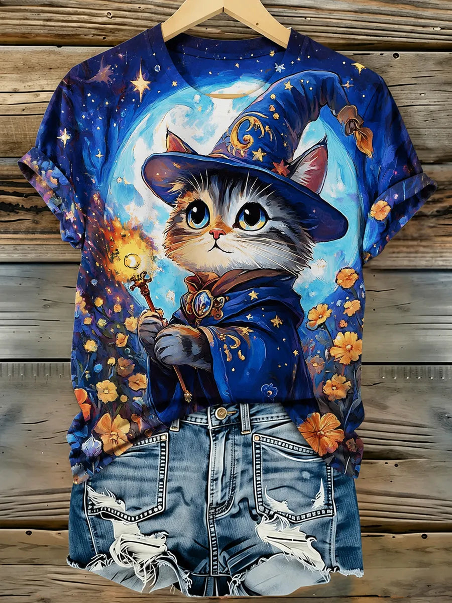 Women's Halloween Cat Print Casual T-Shirt