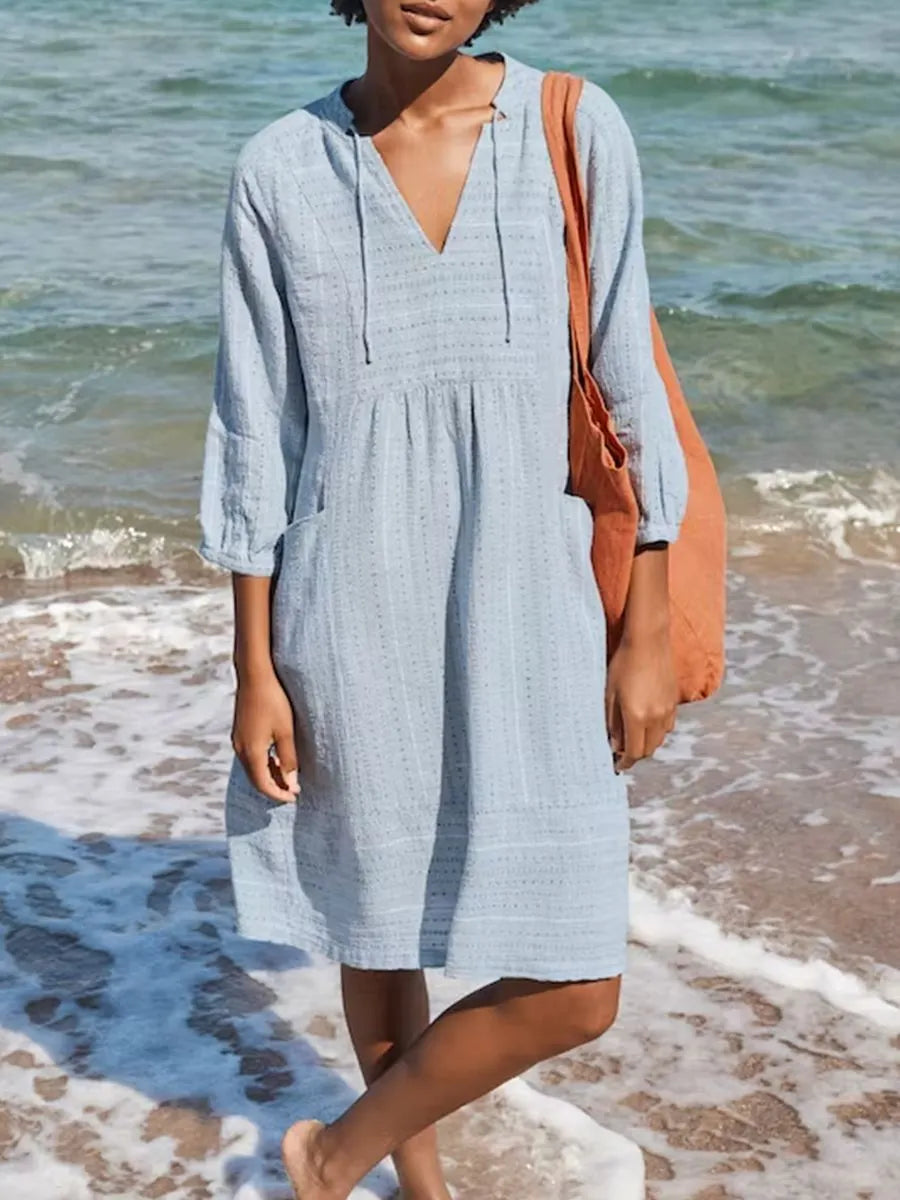 Women's Solid Color Loose Elegant Casual V-neck Pocket Cotton And Linen Dress