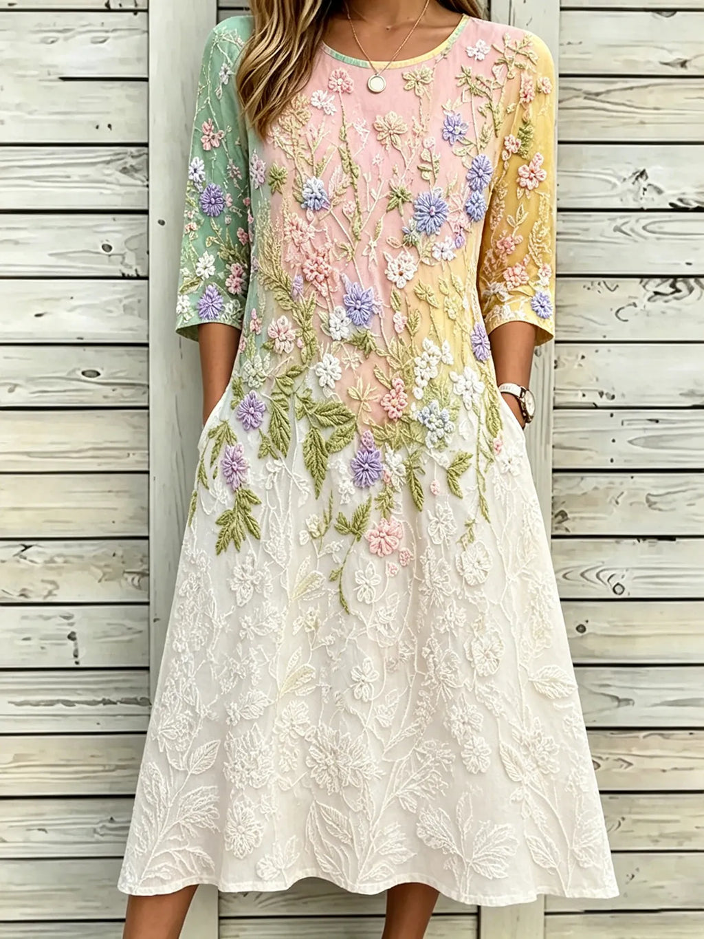 Women's Retro Floral Art Embroidery Color Block Cotton Linen Casual Dress