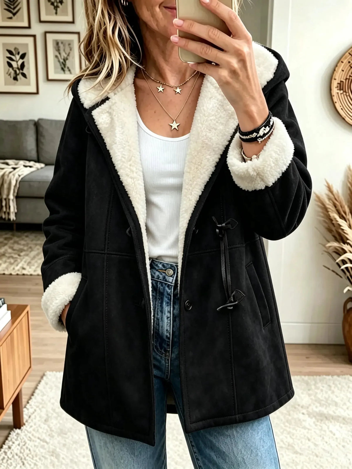 Women's Sherpa Lined Faux Suede Toggle Coat