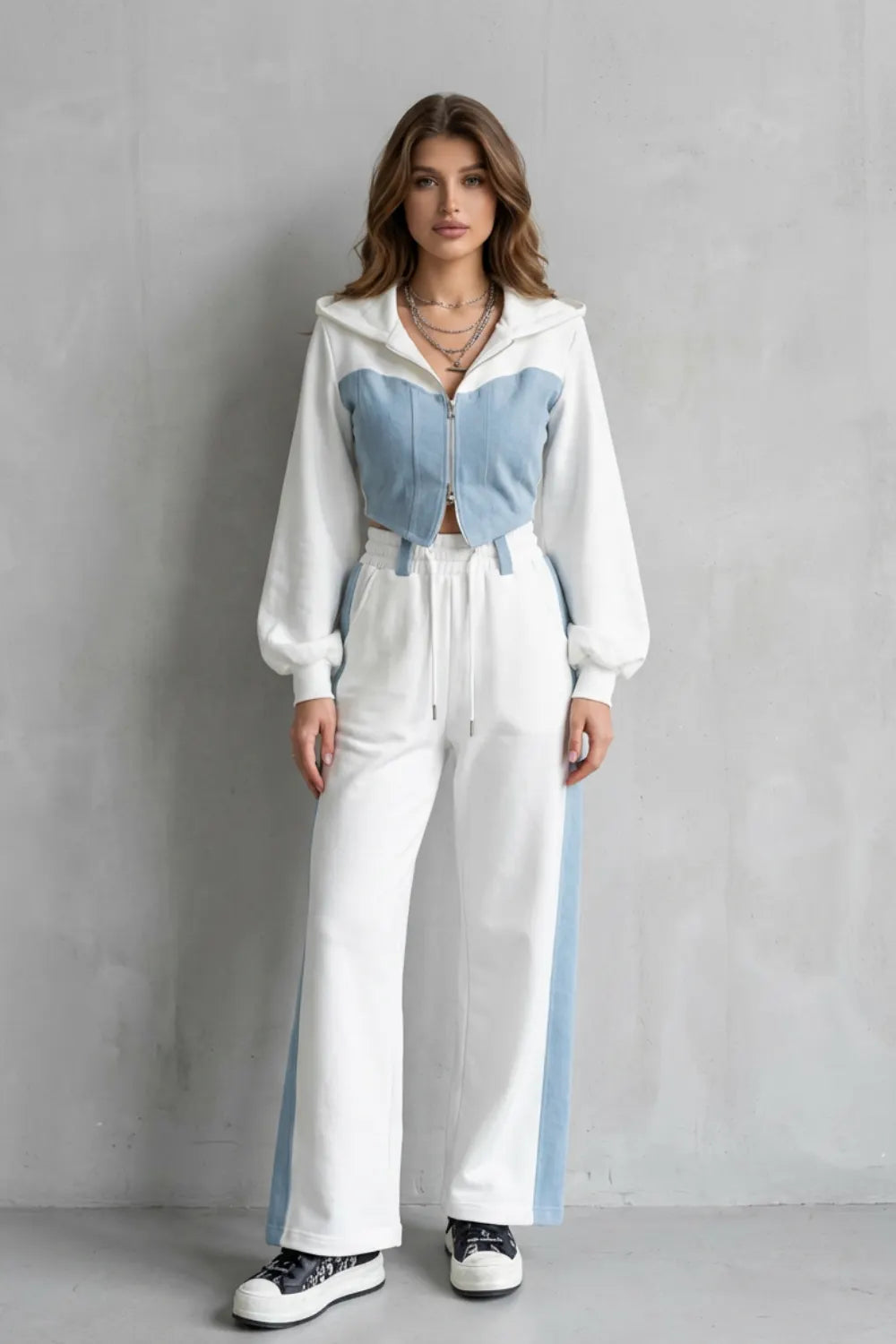 Denim Splice – Two-Piece Hoodie & Sweatpant Set