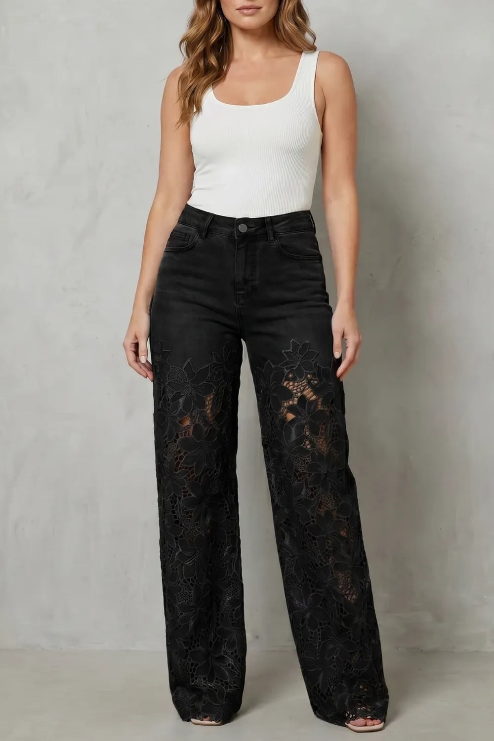 Floral lace overlay – Wide-leg denim jeans