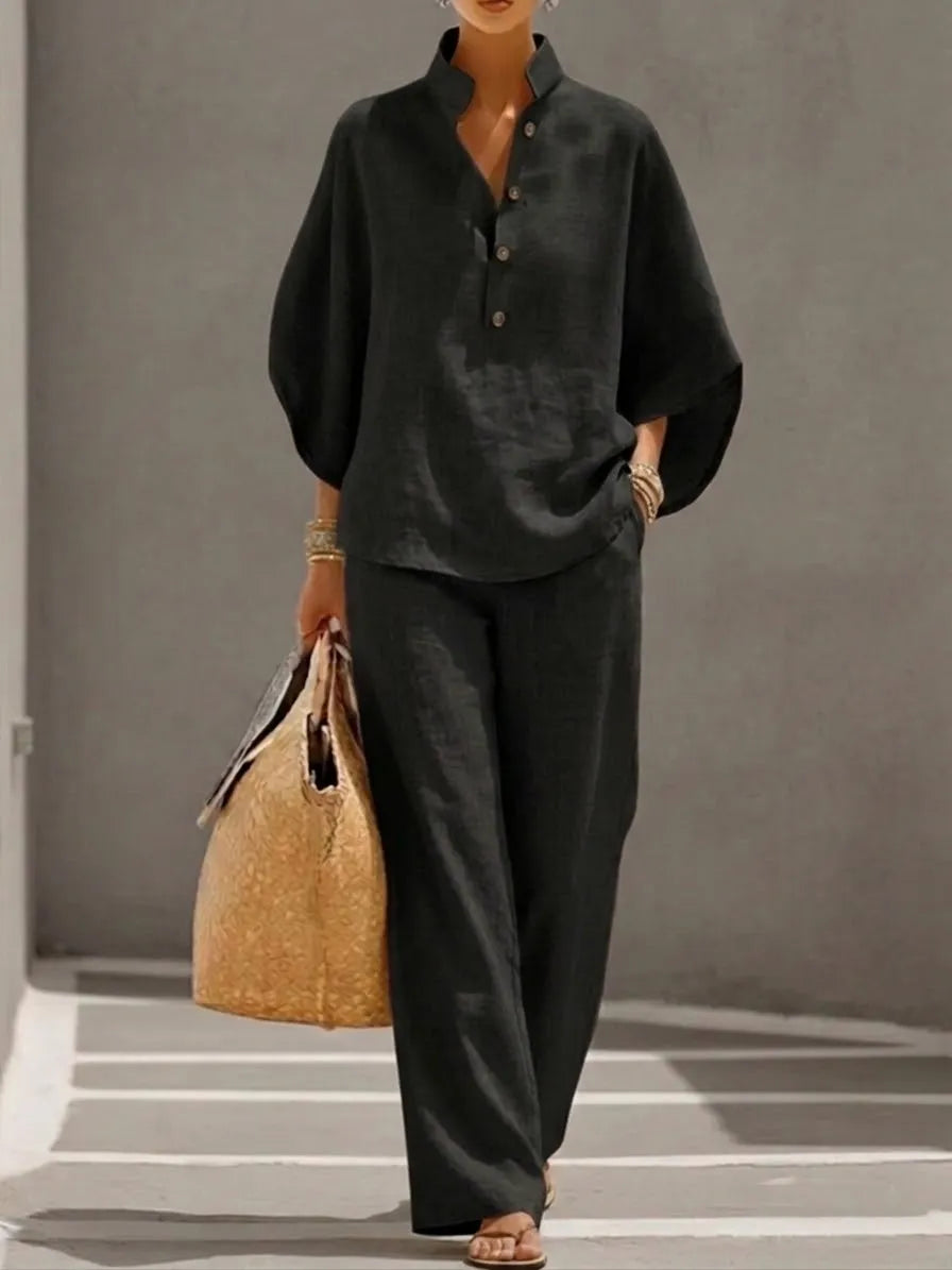 Casual Batwing Sleeve Linen And Cotton Shirt And Trousers Two-piece Set