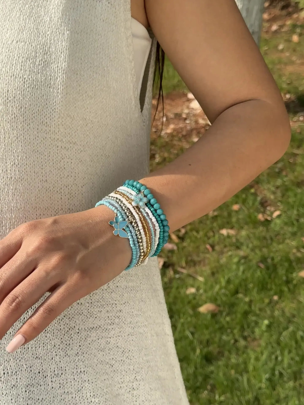 Bohemian 9-piece Butterfly, Flower And Heart Beaded Bracelet
