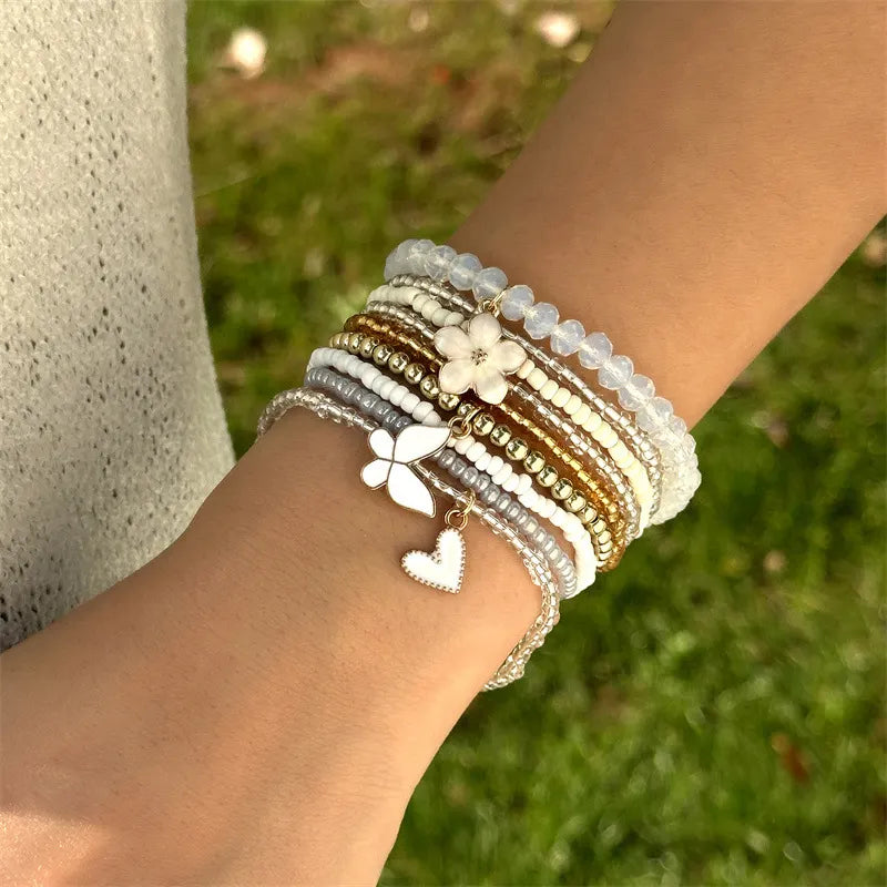 Bohemian 9-piece Butterfly, Flower And Heart Beaded Bracelet