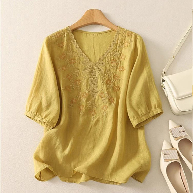 Women's Artistic Floral Embroidered Cotton Linen Casual Top