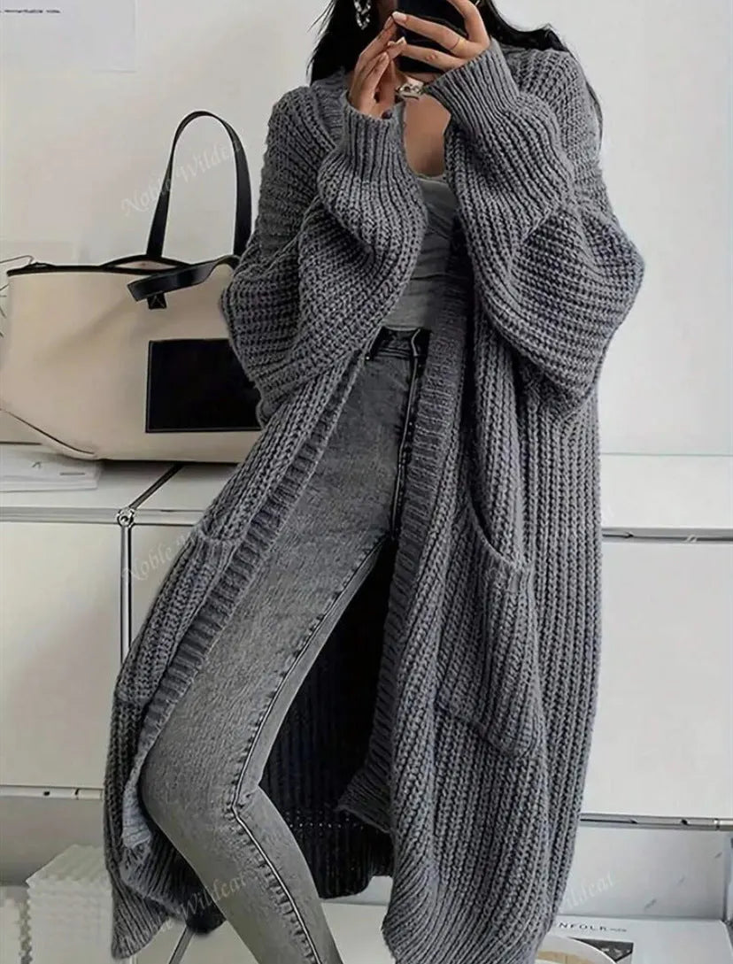 Oversized Long Open Front Knit Cardigan Women Chunky Sweater Coat With Pockets