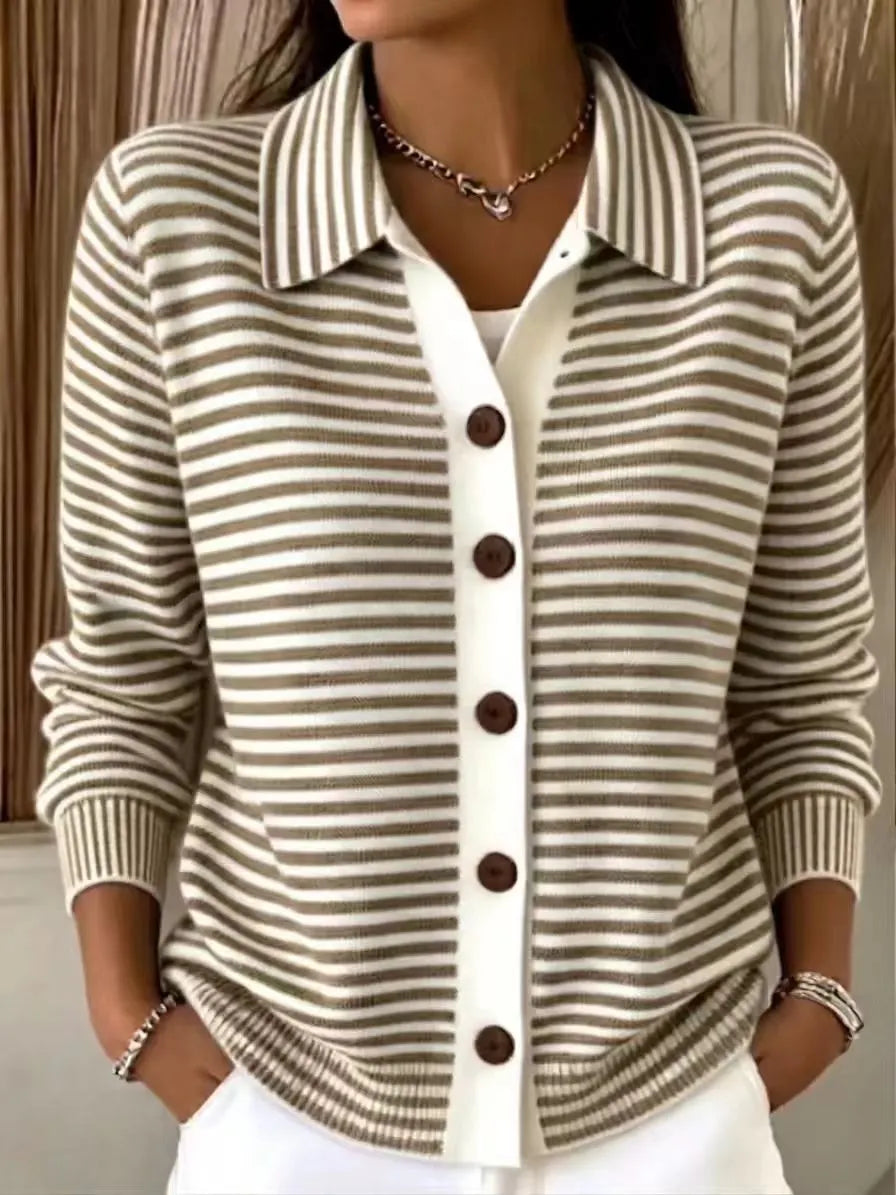 Collared Stripe Button‐Down Knit Cardigan, Women Loose Long Sleeve Pocket Sweater Jacket