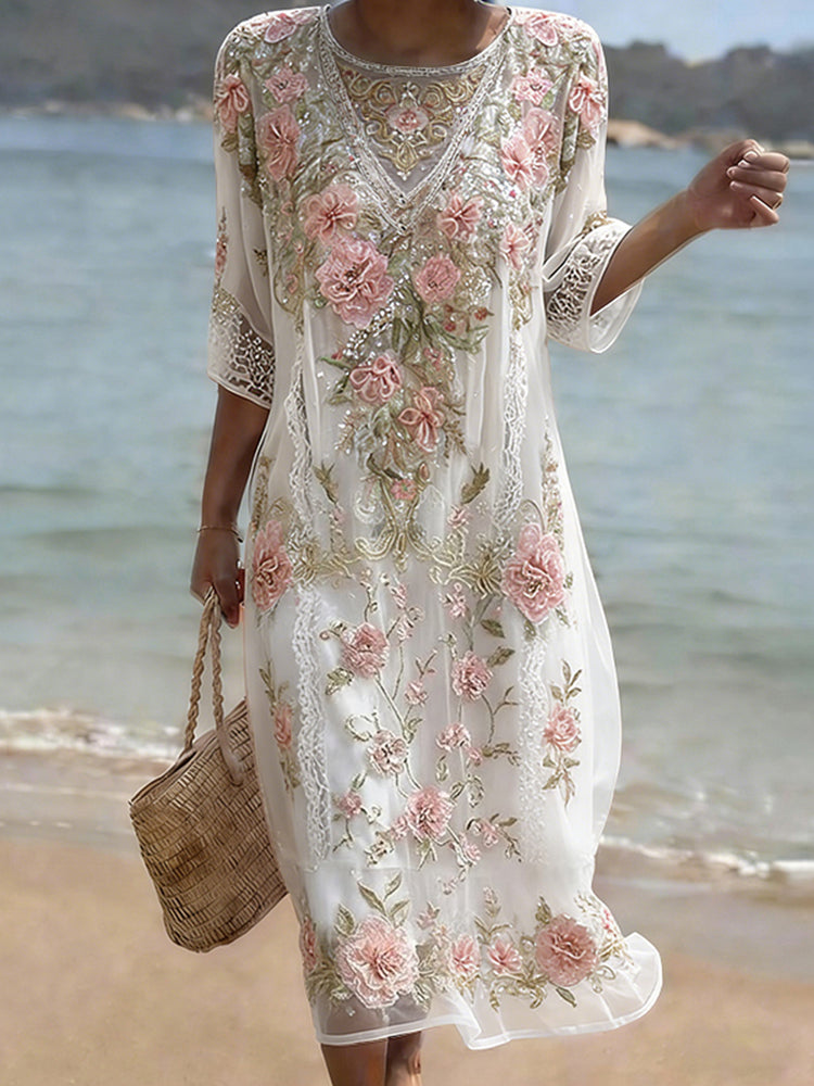 Women's Pink Flower Embroidery Art Midi Dress