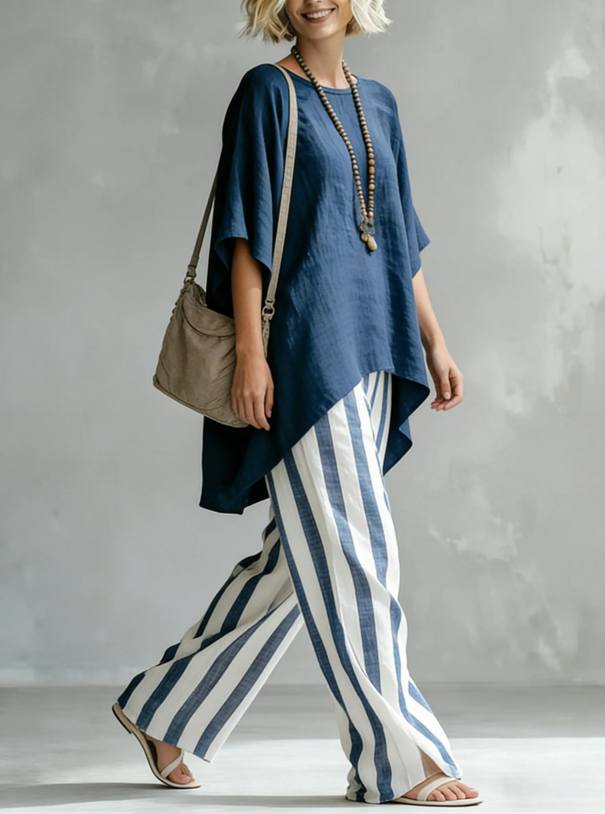 Classic Striped Batwing-sleeve Loose-fit Cotton-linen Two-piece Set