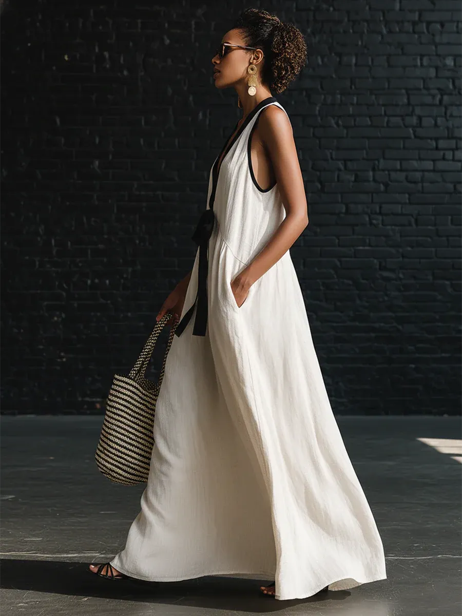 Classic Elegant Color-blocked Tie-neck Maxi Dress