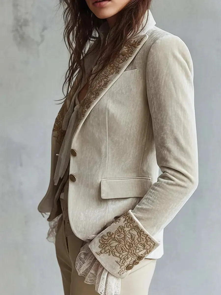 Retro Elegant Floral Art Casual Stylish Long Sleeve Velvet Blazer Coat