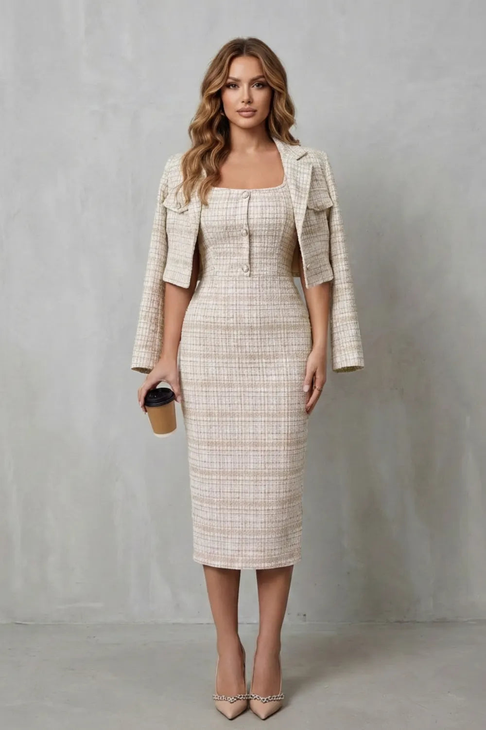 Elegant plaid tailoring – Two-piece midi dress set