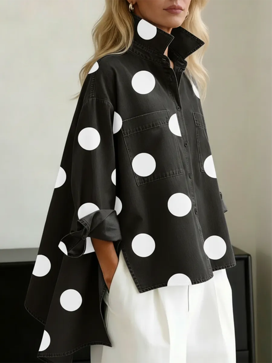Elegant Artistic Polka Dot Print Stand-collar Denim Top