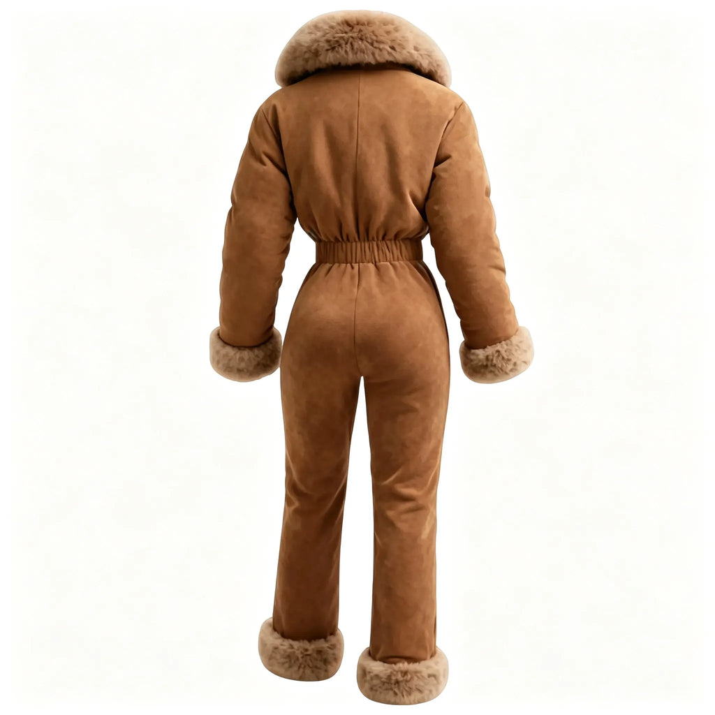 Women's Retro Thick Fur Collar Lapel Long Sleeve Jumpsuit