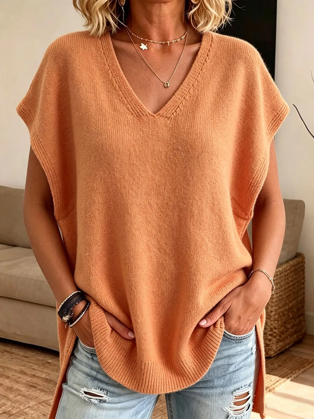 Women Oversized Side Slit Loose Sweater V‐neck Short Sleeve Knit Top Blouse