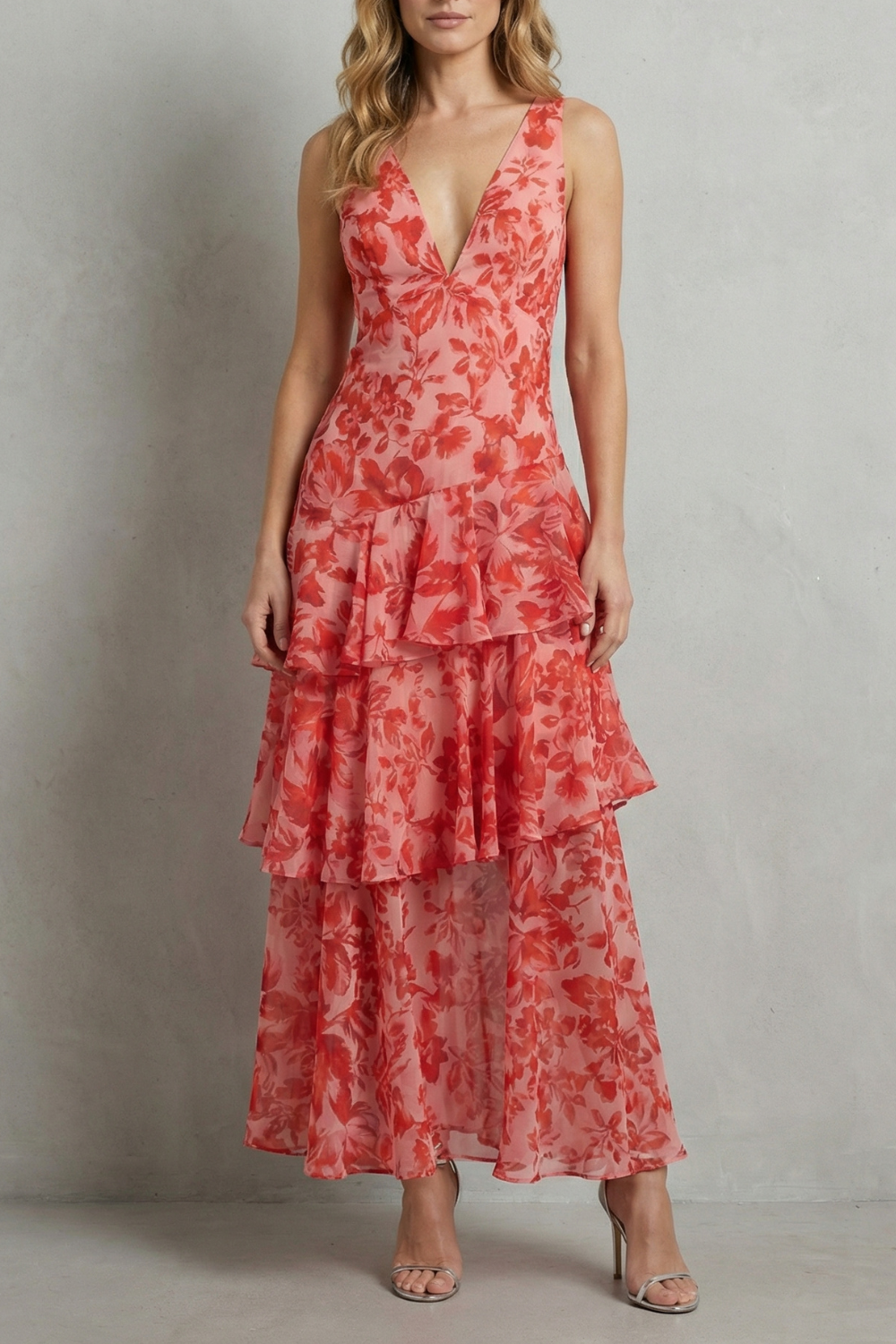 Crimson blossom layers – Tiered chiffon maxi dress