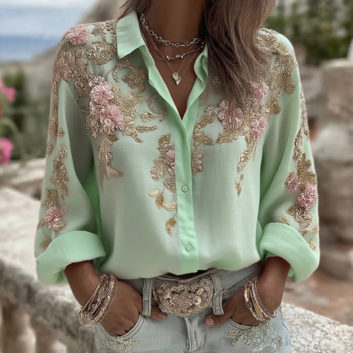 Women's Pink Flower Embroidery Art Long Sleeve Linen Blend Shirt