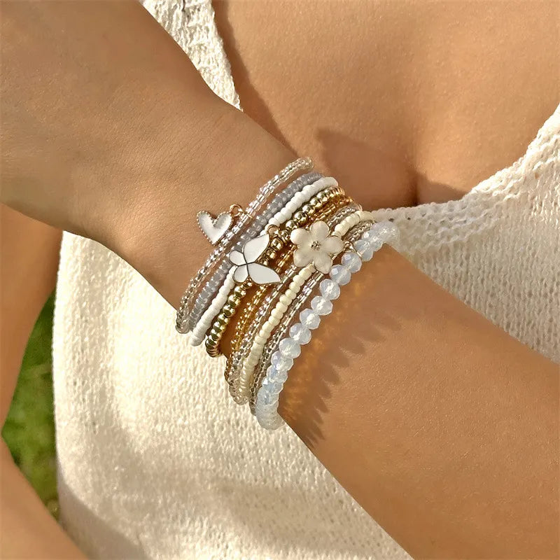 Bohemian 9-piece Butterfly, Flower And Heart Beaded Bracelet