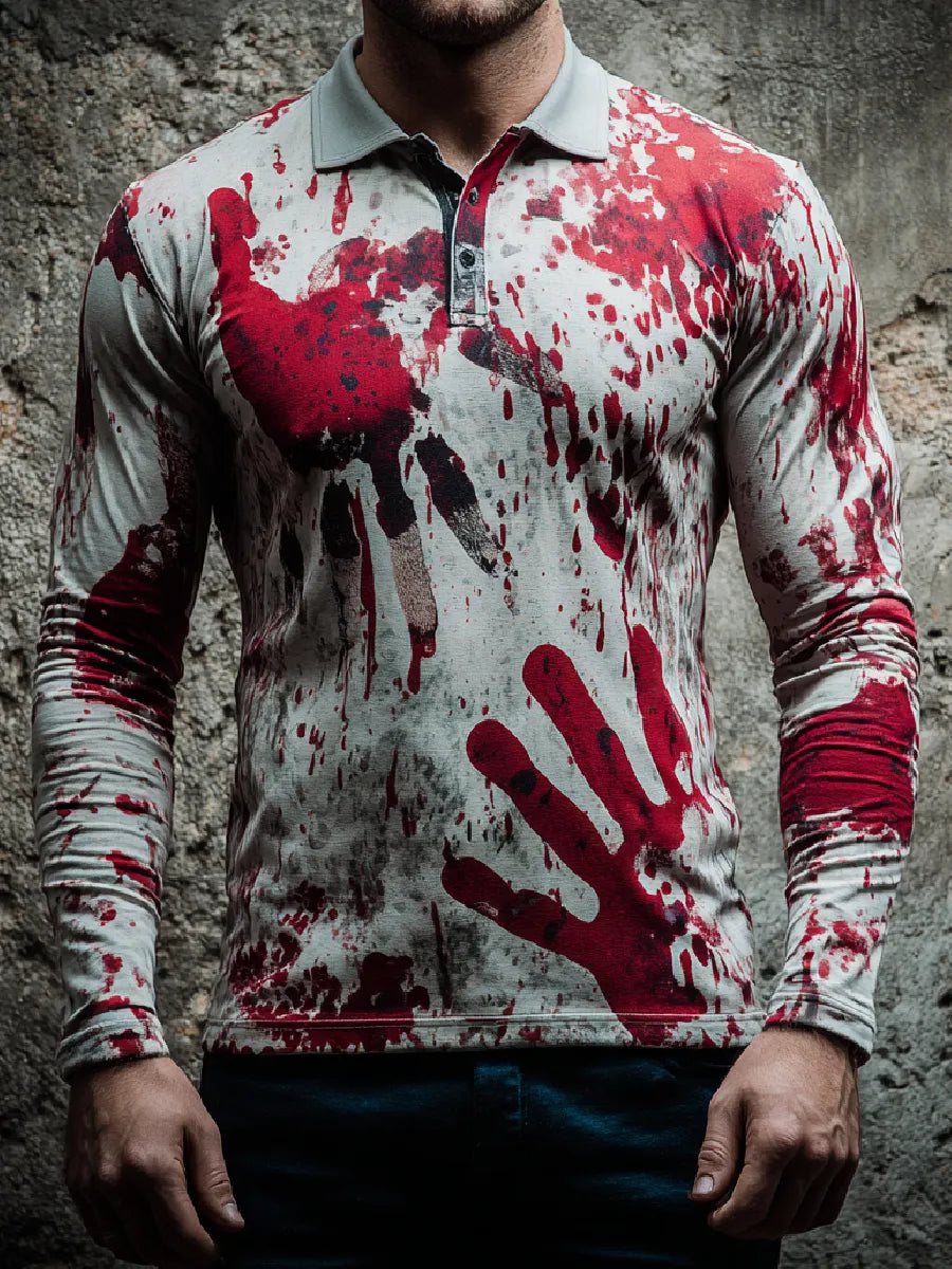 Retro Blood Art Print Casual Long Sleeve Polo Shirt