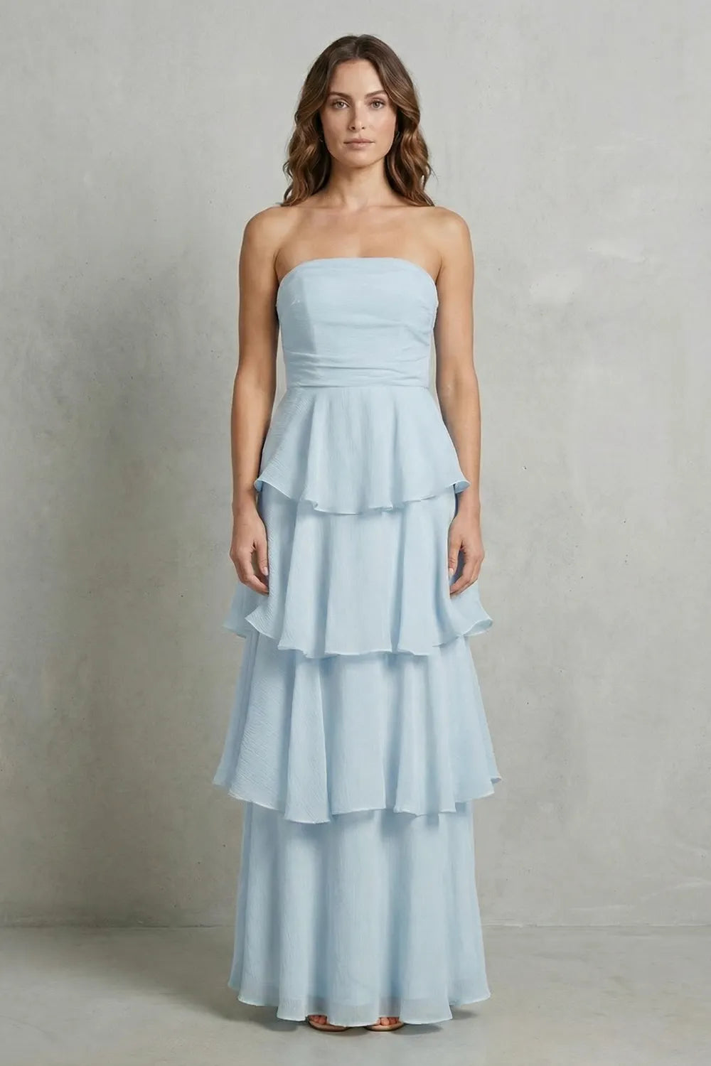 Soft cascading layers – Strapless tiered maxi dress