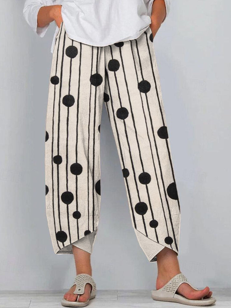 Abstract Art Polka Dot Print Linen Blend Pants