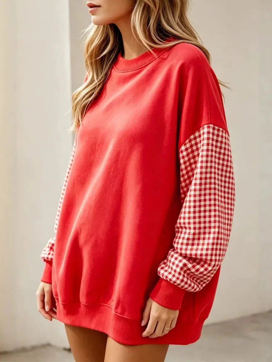 Retro Plaid Patchwork Art Casual Stylish Round Collar Long Sleeve Sweatshirt