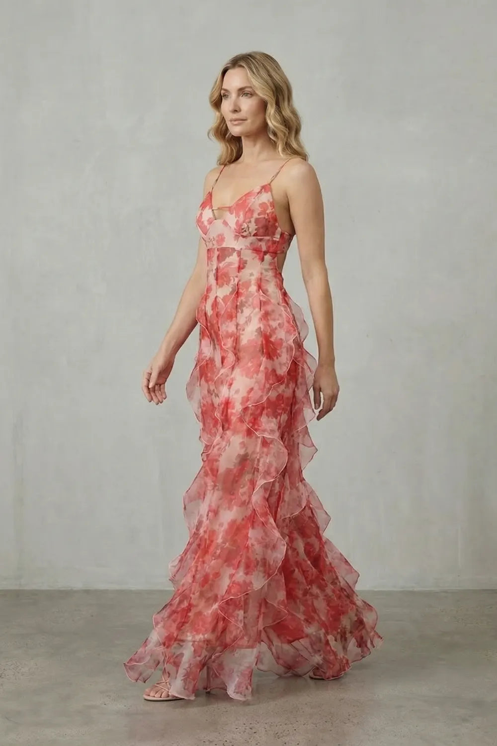 Watercolour bloom flow – Ruffled chiffon maxi dress