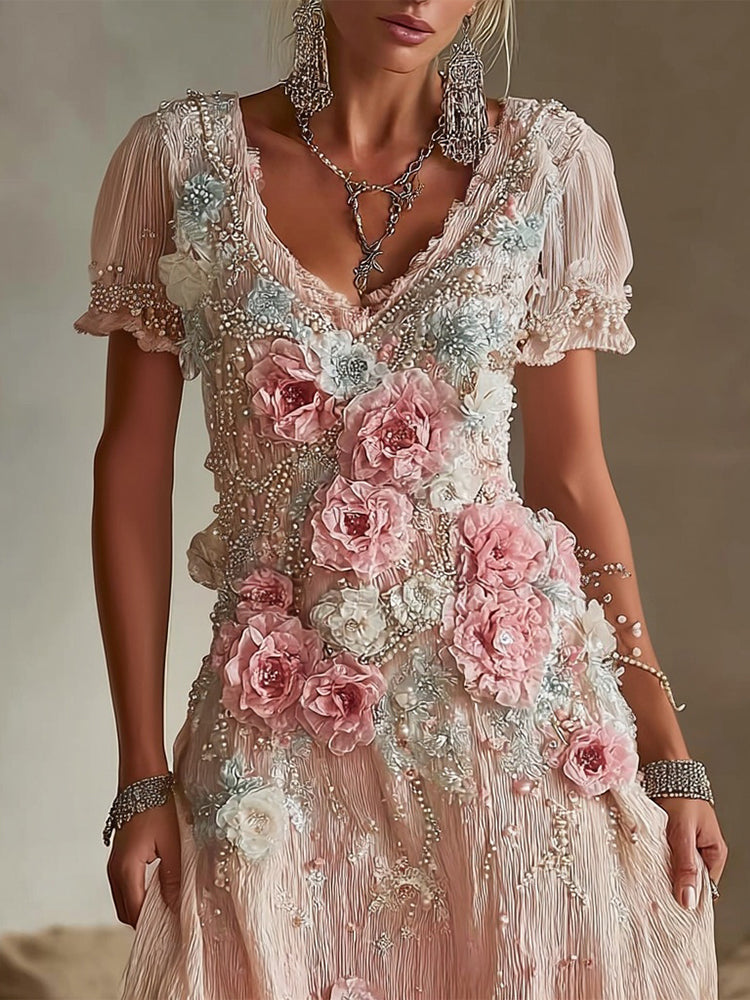 Vintage Boho Roses Embroidered V Neck Linen Maxi Dress