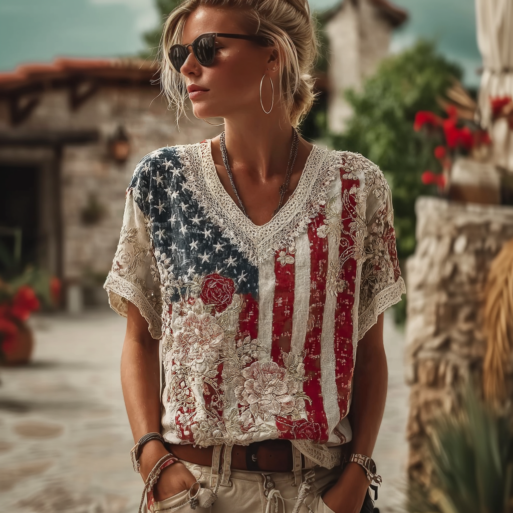 Women's Retro American Flag Element Plant Flower Embroidery Lace Patchwork Design Short-sleeve Top