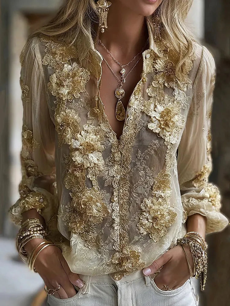 Women's Classic Bohemian Yellow Floral And Gold Roses Embroidery Art Long Sleeve Linen Blend Half-collar T-shirt
