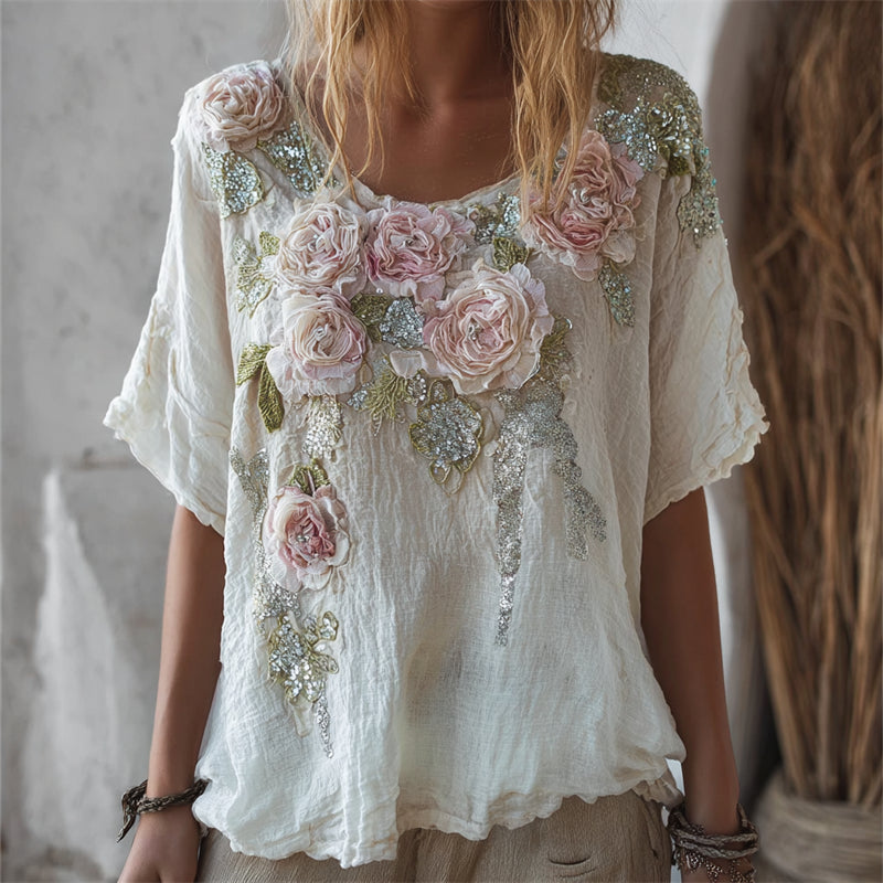 Boho Pink Roses Glitter Fiber Art Flowy Linen Tunic