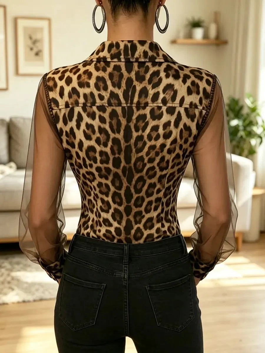 Retro Leopard Art Print Casual Stylish Chiffon Patchwork Long Sleeve Shirt