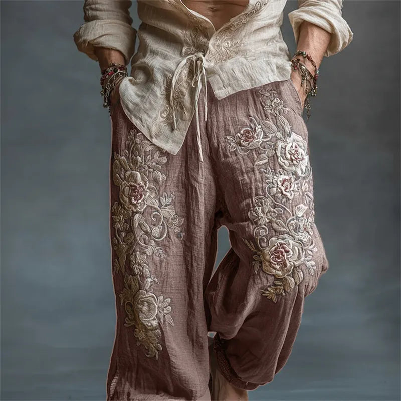 Men's Vintage Roses Embroidered Drawstring Wide Leg Linen Pants