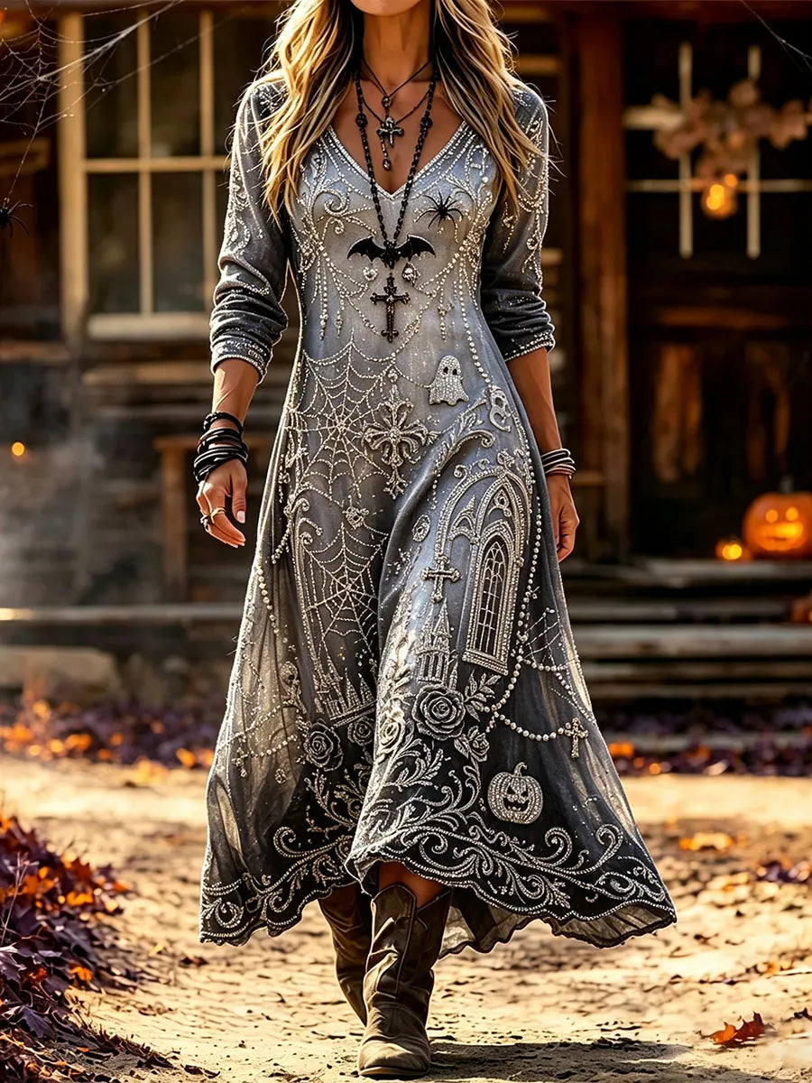 Women's Vintage Halloween Art Print Casual Dress