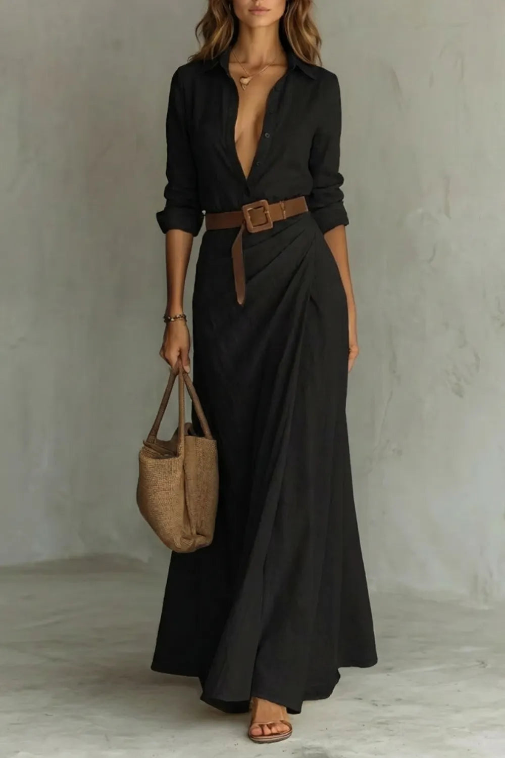 Elegant Pleated Belted Dress – Autumn Solid Color Long Shirt Dress