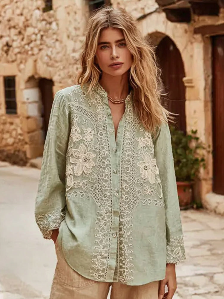 Women's Floral Lace Embroidery Art  Shirt