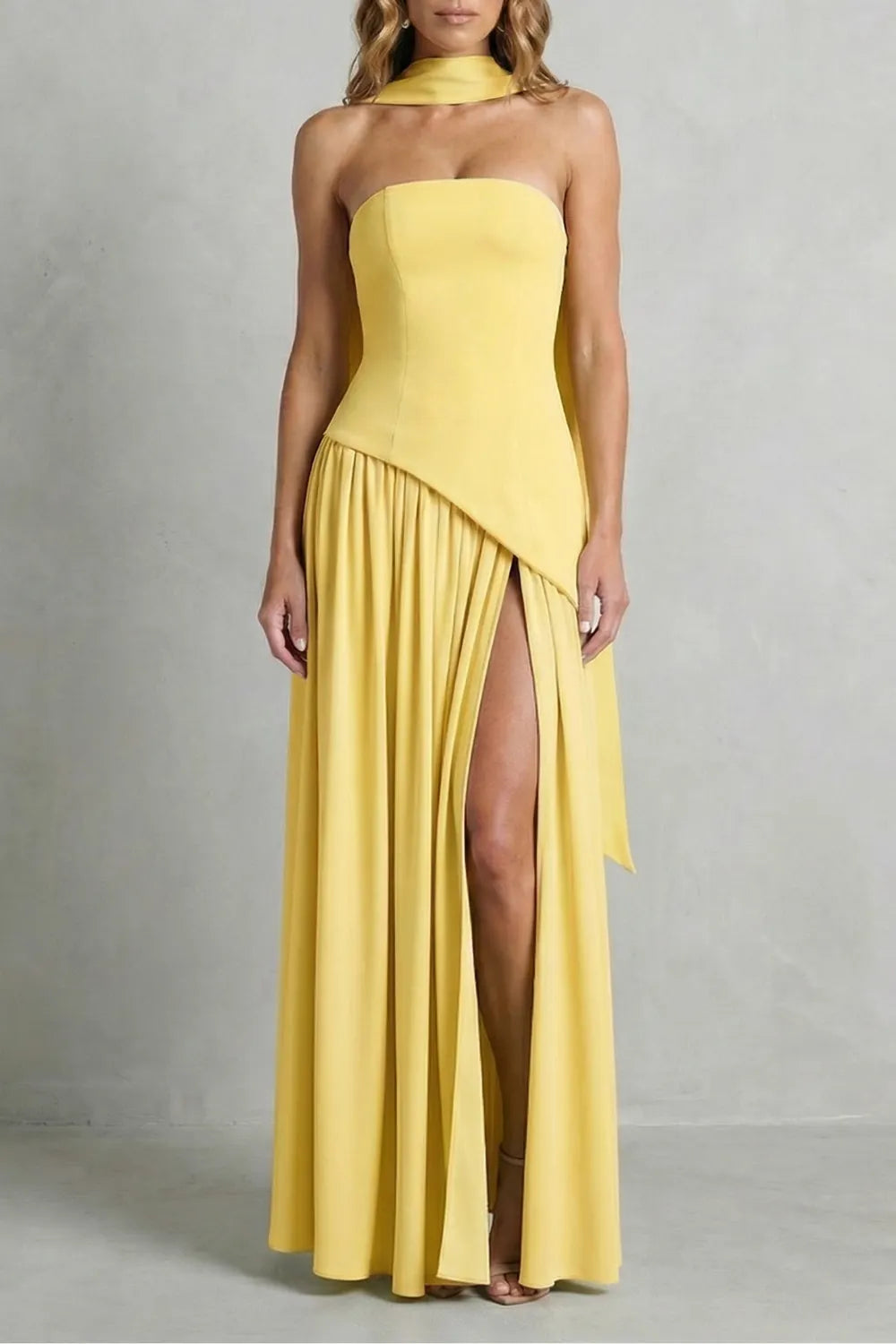 Asymmetric drape accent – Strapless formal gown