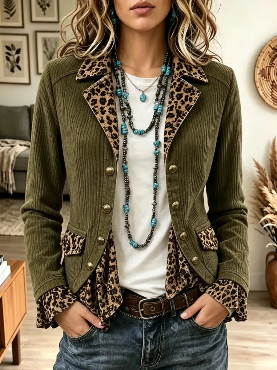 Retro Western Leopard Pattern Art Patchwork Casual Stylish Long Sleeve Coat