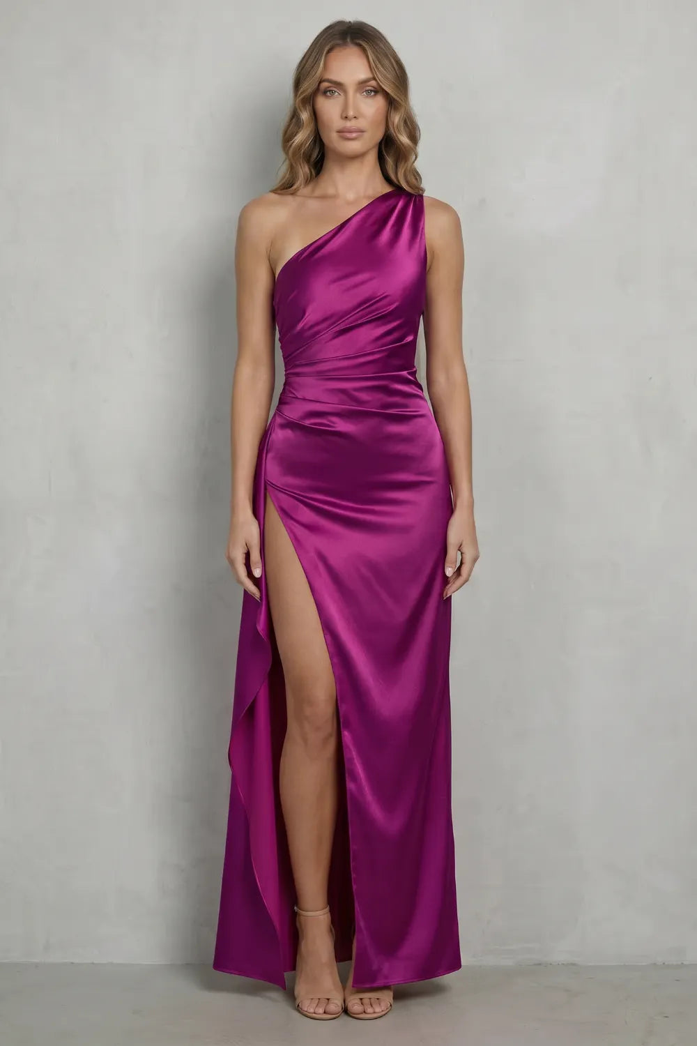 Liquid satin drape – One-shoulder evening gown